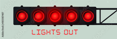 Racing start lights out banner, red motor sport signal, digital art illustration of grid traffic lights on pale blue sky background