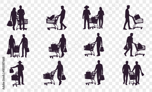 Silhouettesofpeopleshoppingwithcartsandbagsisolatedontransparentbackground
