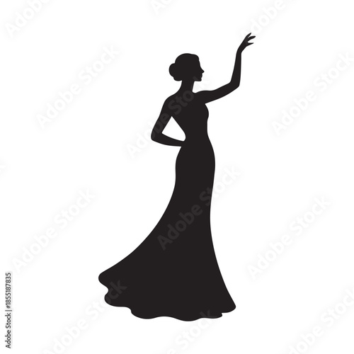 Elegant silhouette of a woman in a long flowing dress posing gracefully against a white background