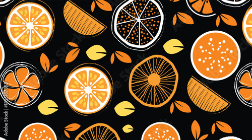 Vibrant orange slices and leaves pattern on black background