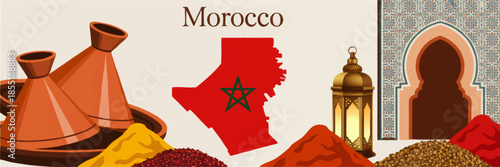 Moroccan culture illustration with tagine pots, spices, lantern and ornate mosque arch around red Morocco map on light background