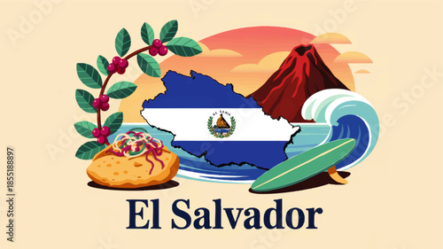 El Salvador travel illustration with map flag volcano surf wave coffee branch pupusa traditional food and tropical sunset background