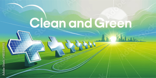 Clean and Green renewable energy concept with solar panel cross icons, futuristic sustainable city skyline and bright eco sunrise
