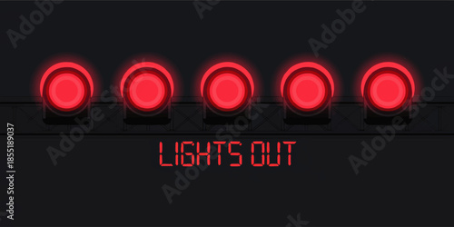 Red racing start lights and digital lights out countdown on dark background, motorsport race start signal vector illustration