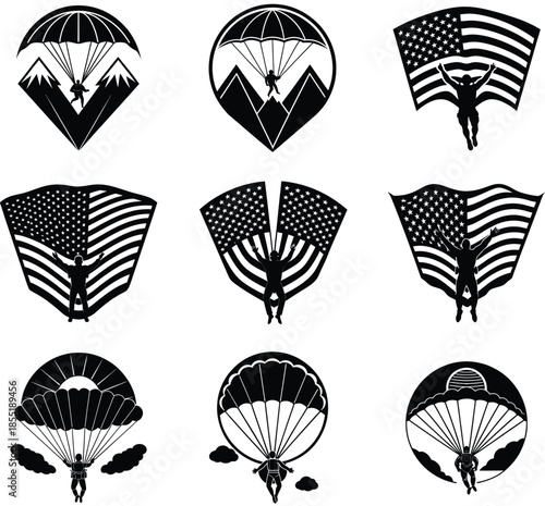 Parachutist Silhouette Icons with American Flag and Mountains Vector Illustration