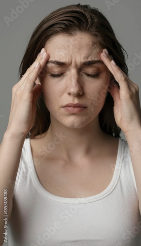 Young Woman Suffering From Headache with Hands Temples