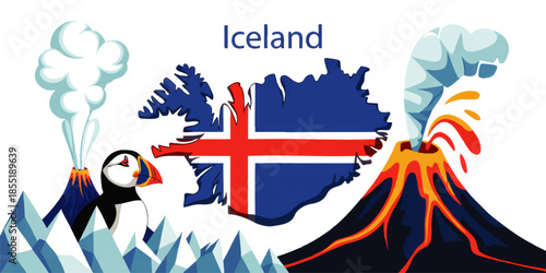 Iceland travel illustration with map flag puffin volcano geyser and glaciers in colorful flat Nordic tourism design