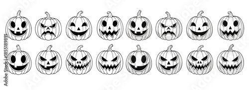 Set of three carved halloween pumpkins with jack-o'-lantern faces in full color, black silhouette, and line drawing style eps vector file.	