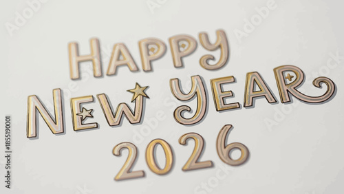 Happy new year 2026 gold text with stars on white