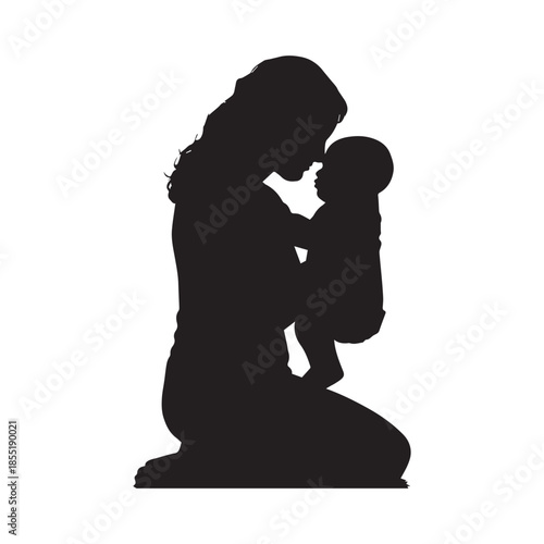Silhouette of a mother tenderly holding her baby close while kneeling on a white background symbolizing love and connection