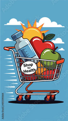 Healthy grocery shopping cart illustration with fruits, vitamin bottle and sun, shop for health concept on blue sky background