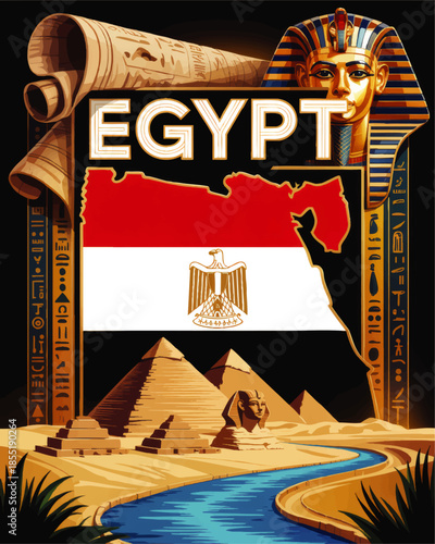 Egypt travel poster with pyramids Sphinx Nile River Pharaoh mask Egyptian flag map and ancient hieroglyphic papyrus border