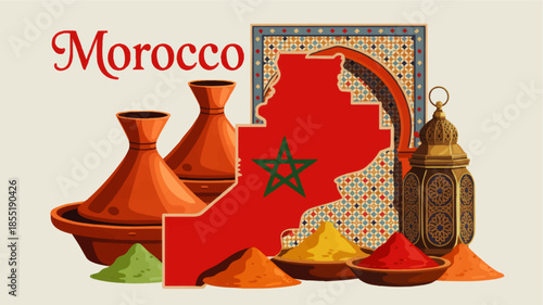 Morocco travel illustration with map, tagine pots, spices, Arabic lantern and Islamic mosaic arch, colorful cultural tourism art