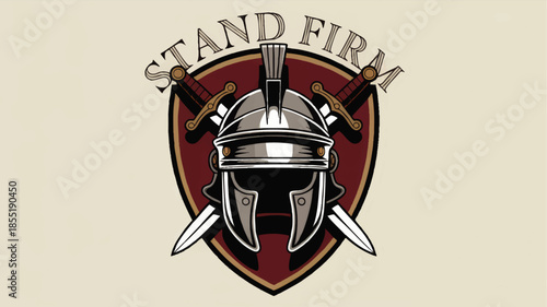 Stand Firm Roman legionary helmet emblem with crossed swords and shield, vintage warrior crest illustration on beige background
