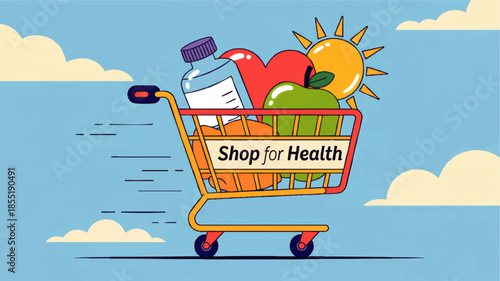 Healthy shopping cart illustration with groceries vitamins fruit heart and sun, wellness lifestyle retail concept on blue background