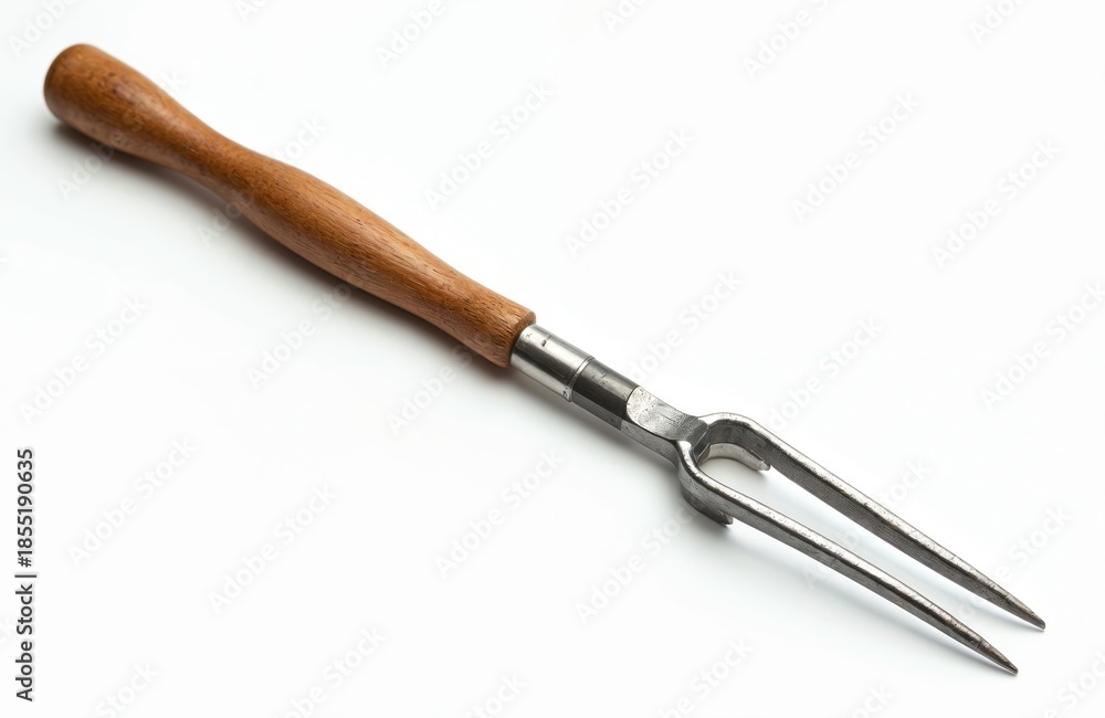 Fototapeta premium Fish processing tool with wooden handle, metal prongs. Used for holding fish securely. Sharp tines, sturdy construction ensure efficient handling. Essential kitchen utensil for seafood preparation.