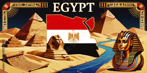 Egypt travel poster with pyramids sphinx Nile river Tutankhamun mask and Egyptian flag in ancient desert landscape illustration