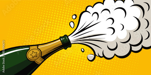 Pop art champagne bottle explosion with foam splash on yellow comic background celebration illustration