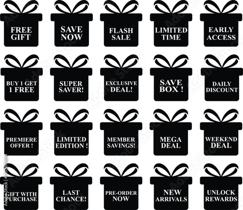 Collection of gift boxes with ribbons and texts representing various promotional offers like free gift save now flash sale limited time and early access showcasing exciting deals on presents and disco