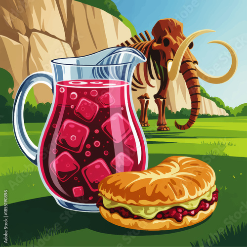 Colorful picnic illustration with jug of berry juice, sandwich and mammoth skeleton in sunny prehistoric landscape