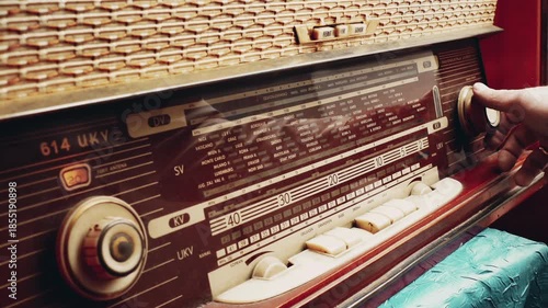 Old Radio Receiver, Nostalgic Retro Style; Turning on and searching for a radio station on an old radio