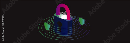 Cyber security padlock with neon glow and shields on dark background, data protection and network privacy concept illustration