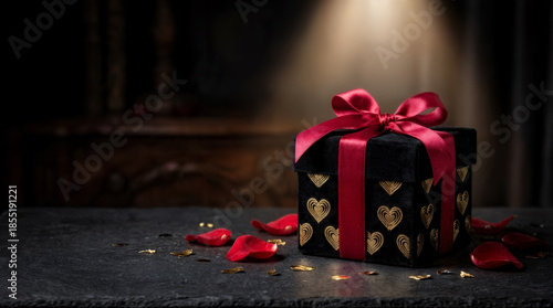 Luxury black gift box with red ribbon and heart pattern