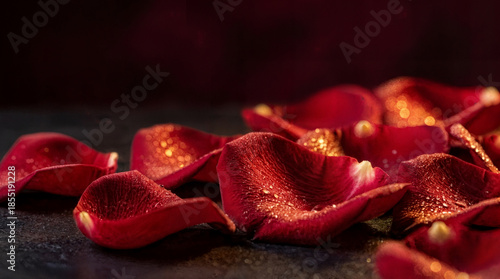 Red rose petals with golden shimmer on dark surface