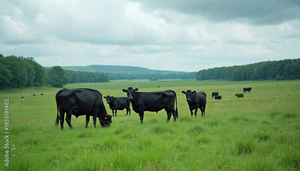 Obraz premium Black cows graze on a vast green meadow with rolling hills and forests in background. Herd animals wander freely on pasture under a cloudy sky. Rural landscape with livestock on natural farm land.
