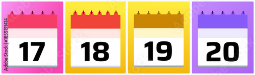 Creative calendar date set 17, 18, 19, and 20 with playful flat colors, ideal for creative planners, educational visuals, and modern date graphics