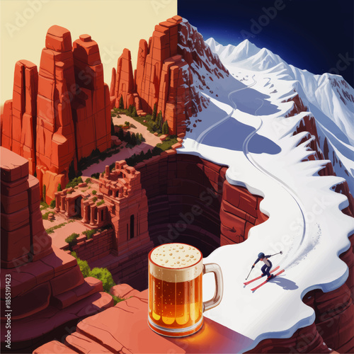 Surreal desert canyon and snowy mountain landscape with skier and frothy beer mug, fantasy travel adventure illustration