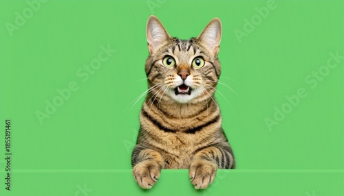Surprised Tabby Cat Peeking with Wide Eyes on Green Background