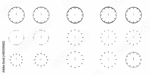A series of clocks displaying different times arranged in a grid pattern
