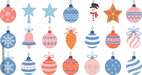 Large collection of colorful Christmas baubles and hanging ornaments with various patterns and shapes isolated on white background.