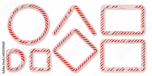 Red and white striped candy shapes including circles squares and diamonds