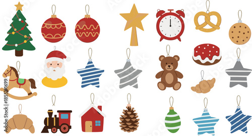 Cute collection of Christmas hanging ornaments featuring Santa Claus reindeer gingerbread train and festive holiday decorations isolated on white.