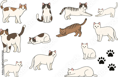 Collection of cute kawaii cats in various breeds and markings with paw prints isolated on white background vector illustration