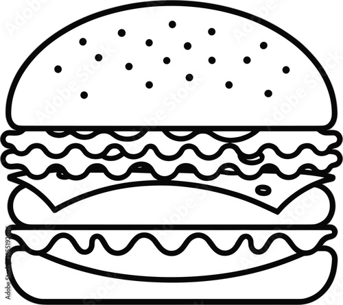 Simple black and white line art vector illustration of a delicious hamburger with sesame seed bun and cheese