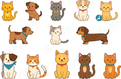 Set of cute kawaii domestic pets with various cat breeds and dog characters wearing colorful collars on white background