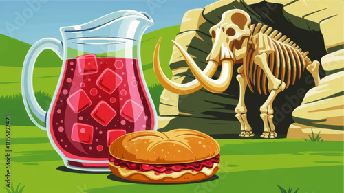 Cartoon picnic juice and sandwich with mammoth skeleton in cave, humorous prehistoric food landscape, bright summer illustration