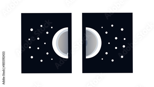 Conceptual illustration of two abstract crescent moon shapes against a starry night sky