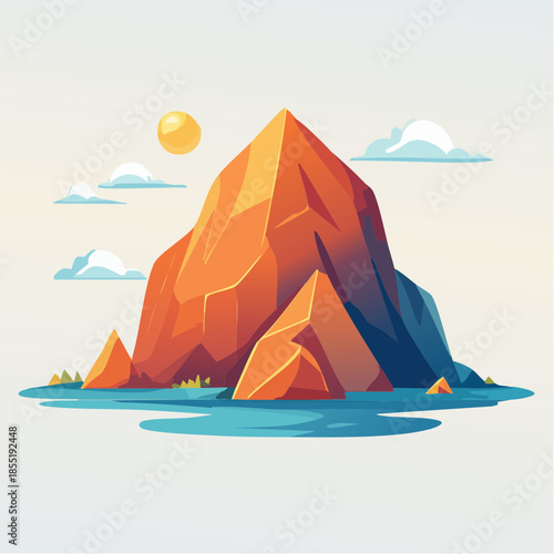 Illustration of a rocky mountain peak surrounded by water under a sunny sky with fluffy clouds.