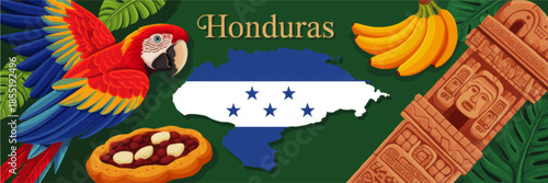Honduras travel background with scarlet macaw, national flag map, Mayan ruins, tropical leaves, bananas and traditional food illustration