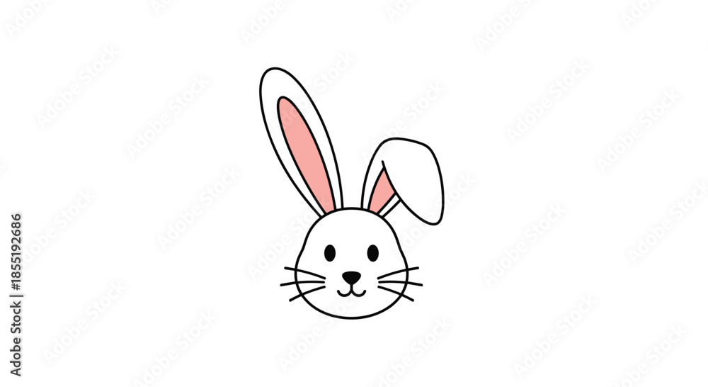 Fototapeta premium Cute outline drawing of a white bunny rabbit head with long ears and pink inner details on a white background for children art.