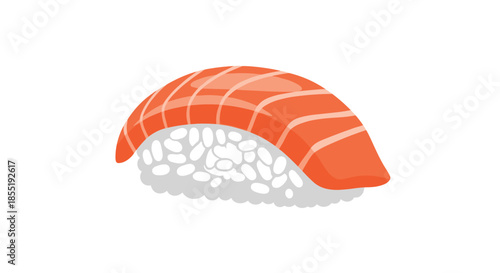 Detailed illustration of a piece of salmon nigiri sushi with a slice of fresh fish over a bed of white rice on a white background.
