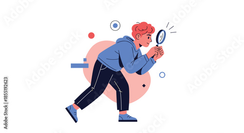 Curious young boy wearing a blue hoodie and black pants examining something through a magnifying glass for a school research project.