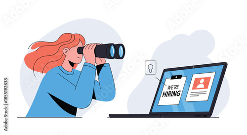 Woman using binoculars to look at a laptop screen displaying a We Are Hiring message, symbolizing modern job searching techniques.