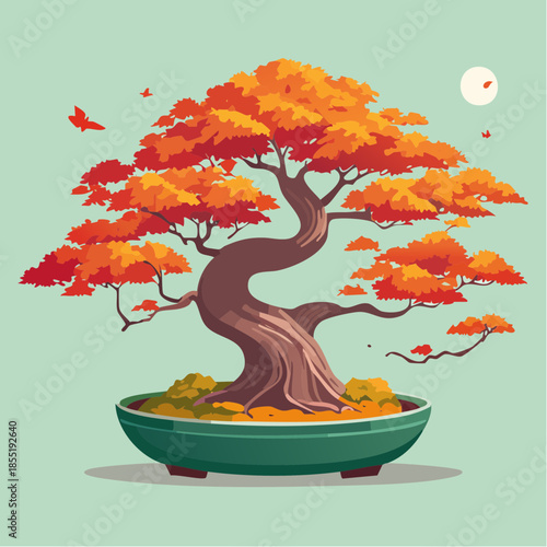 A vibrant bonsai tree with orange leaves in a green pot against a light green background.