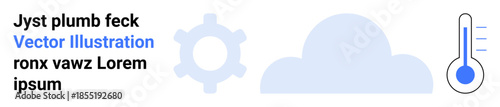 Weather forecasting, technology integration, data analysis, cloud computing, climate monitoring, systems management. A cloud, gear and thermometer with stylized minimalist design. Weather
