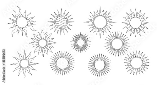 Collection of twelve different sun designs in a black and white line art style, showing various artistic rays and geometric shapes.